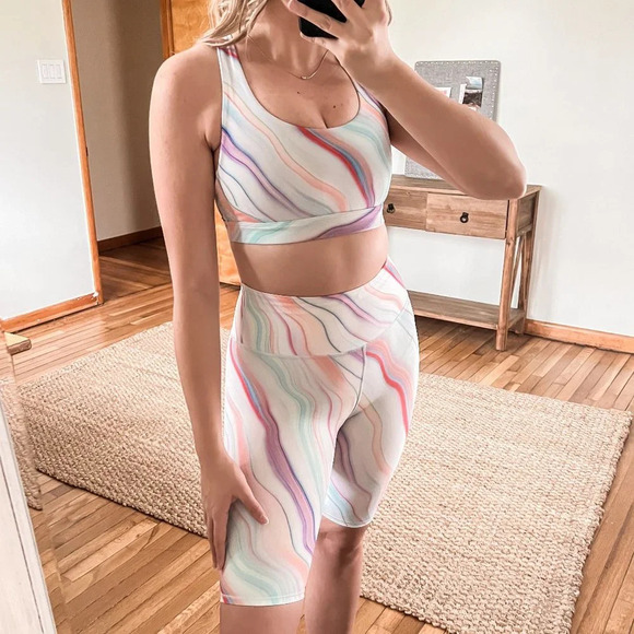Athleta Pants - Athleta Colorful Pastel Abstract Art Athletic Athleisure Bra Biker Short Set XS